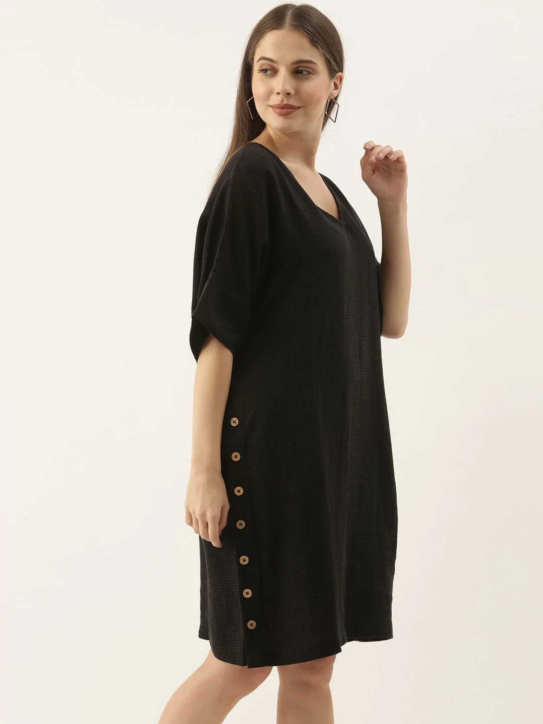 Fluid Linen Self Check Dress with Side Buttons - We Swadesi