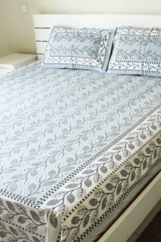 grey_white_color_leaf_pattern_bedsheet_with_two_pillow_covers