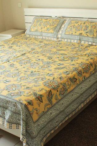 yellow-print-floura-cotton-double-size-bedsheet-with-2-pillow-covers-side