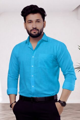 Pure 100% Cotton Turquoise Formal Shirts - Full Sleeves Khadi Shirt for Men