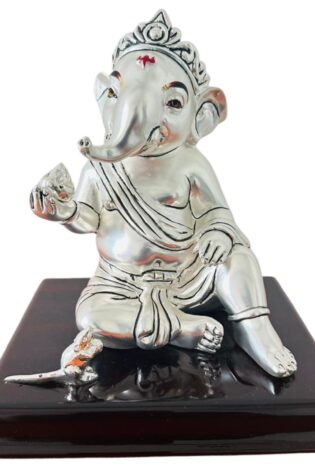 Silver Plated Ganapati with Musak & Laddu - 20x17x17cm Idol | Gold & Silver Plated Ganesh Idol Online