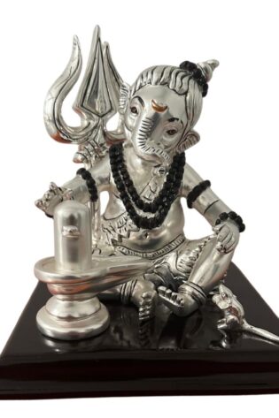 Silver Plated Ganapati Worshiping Shiva Ling - 20x17x17cm Idol | Gold & Silver Plated Ganesh Idol Online