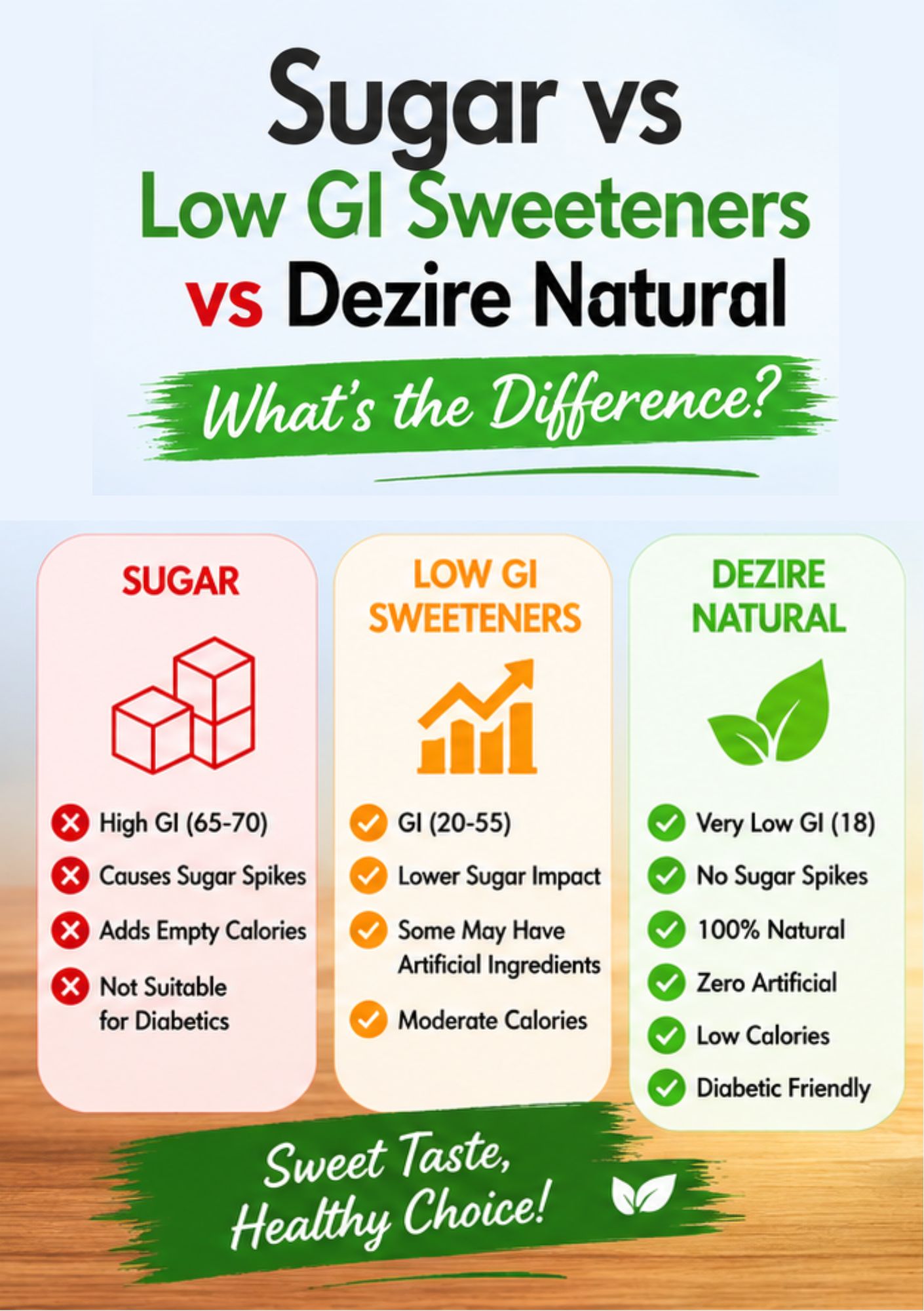 Sugar vs Low GI Sweeteners vs Dezire Natural comparison