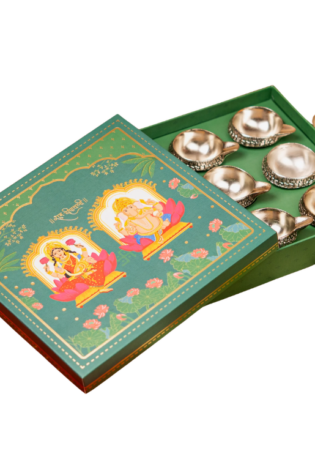 Ganesha Lakshmi Blessings Silver Plated Kuber Diya Gift Set (Set of 9 Diyas)